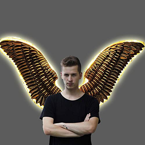 Decorazione da parete artistica con ali d'angelo in metallo, grandi sculture in bassorilievo in 3D realizzate a mano, murales realistici realizzati a mano, con luce a led 6M (Size : 110X40cm