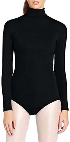 Lifup Damen Ballettanzug Langarm Body Gymnastikanzug Ballett Trikot Einteiler Bodysuit mit Rollkragen Schwarz M