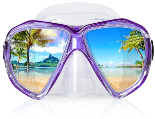 Snorkel Diving Mask Panoramic HD Swim Mask, Anti-Fog Scuba Diving Goggles,Tempered Glass Dive Mask Adult Youth Swim Goggles with Nose Cover for Diving, Snorkeling, Swimming (Clear Purple)