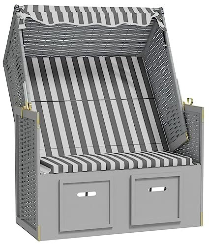 Bussandri Exclusive - Strandkorb mit Dach Poly Rattan und Massivholz Grau & Weiß
