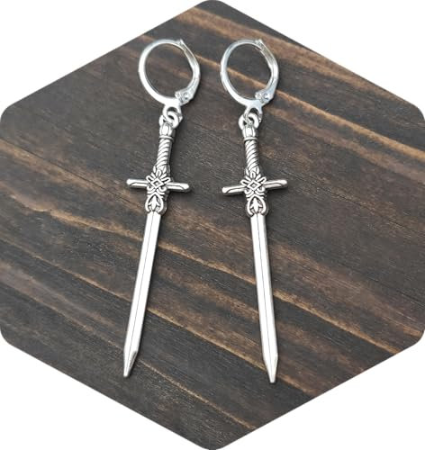 bySantana - 5cm Silber Schwert Ohrringe, Handgefertigt Fantasie Schmuck, Coole Geschenkidee, Mittelalter Dolch Ohrhänger (Creolen)