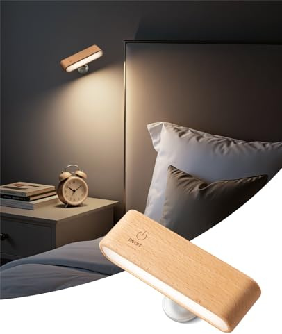 Wood LED Wall Sconce, Magnetic 360° Rotatable Wall Mounted Night Light & Reading Light, Small Rechargeable Battery Powered Bedside Wall Lamp for Bedroom, Living Room, Beech Wood