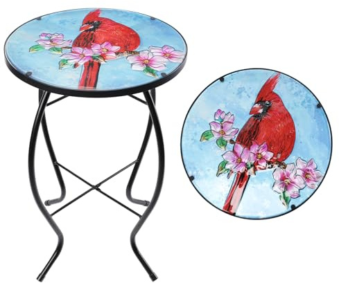 MUMTOP Side Patio Tables-Mosaic Outdoor Side Table - 14’’ Cardinal Glass Accent Round EndTable, Plant Stand Indoor Small CoffeeTable for Garden or Living Room Decor