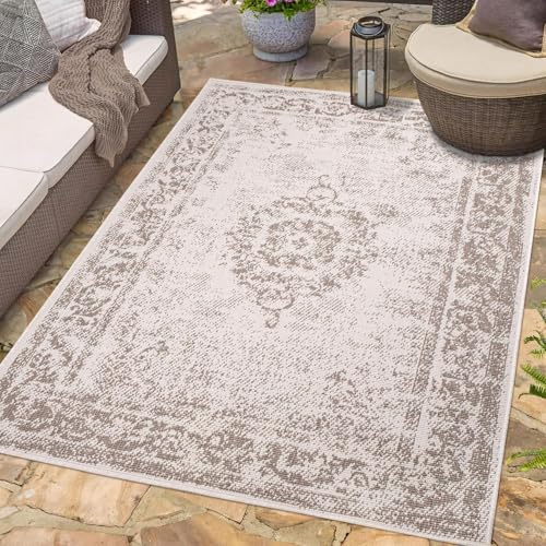 Utomhusmatta, väderbeständig, 200 x 290 cm – kräm-beige – vändmatta, dubbelsidigt ornamentmönster – balkongmatta vattentät utomhus – terrassmatta