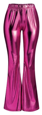 XDGBGFN Pantalon évasé extensible brillant pour femme - Legging d'évasement métallique brillant - Couleur unie - Pantalon évasé fin, rose, L