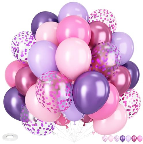 Pink and Purple Balloons, 12 Inch Pastel Purple and Pink Balloons Metallic Pink Purple Confetti Balloon Set with Ribbon for Girls Birthday Baby Shower Wedding Anniversary Engagement Party Decorations
