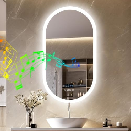 LUVODI Badrumsspegel med LED-lampor: 500 x 800 mm oval väggupplyst spegel med Bluetooth-högtalare dimbar 3 färger bakgrundsbelyst, anti-dimma, minnesfunktion, smart tidstemperatur display