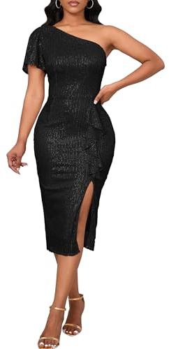 VERWIN Dam en axel paljettklänning kortärmad volang bodycon klänning glittrande delad vardaglig fest cocktail midi-klänning, Svart, L