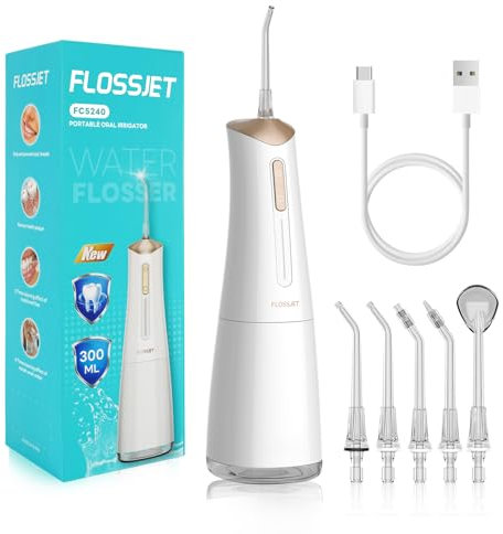FlossJet Munddusche Kabellos Weiß Tragbare IPX7 Wasserdichte Munddusche für Zahnreinigung und Zahnspangenpflege 4 Modi 5 Düsen 300ml Wassertank water flosser USB-C Schnellladung Effektive Mundhygiene