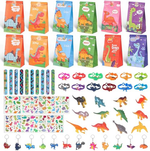 Regalos Cumpleaños Niños 73 PIEZAS, Suministros de Cumpleaños Para Bolsas de Fiesta de Dinosaurios, Bolsas con Pegatinas a Juego, Llaveros y Pegatinas Luminosas para Tatuajes, Decoracion Cumpleaños