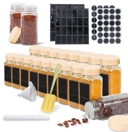 YUENFONG Kryddburkar fyrkantiga set om 12, kryddburkar med trälock 120 ml kryddströare, kryddbehållare inkl. etiketter och silikontratt ströinsats, kryddorganisatör