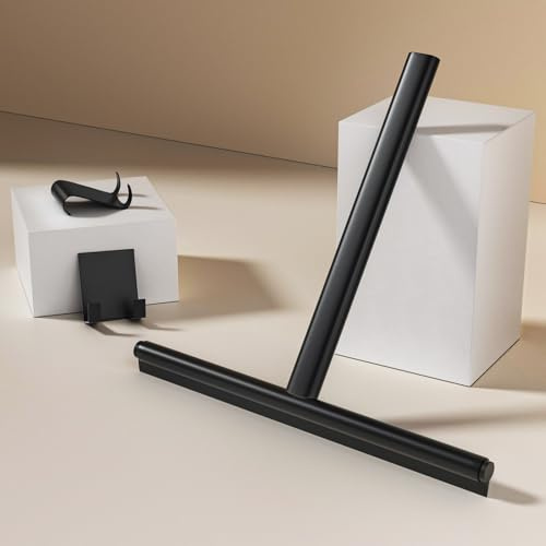 EMKE Duschabzieher mit Haken Schwarz, 22cm ohne Bohren Glasabzieher mit Edelstahl Kern, Fensterabzieher ohne Bohren, Duschwischer mit Halterung für Dusche, Spiegel, Fenster, Badezimmer