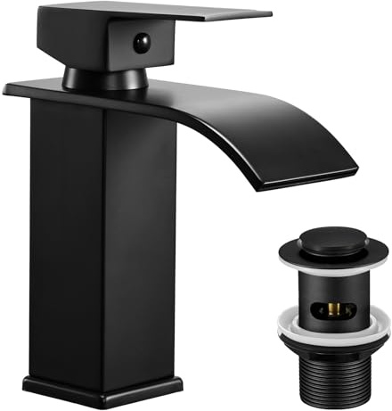 Peppermint Basin Taps Mixers Waterfall Matte Black with Slotted Pop-up Waste Bathroom Sink Mixer Tap Square Monobloc 1 Hole with G1/2'' Hoses Modern Cloakroom Taps Mono Lead-Free Stainless Steel