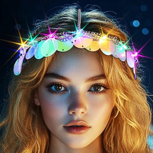 Handcess Leuchtende Pailletten-Kopfkette, silberfarben, LED-Kostüm, Kopfschmuck, Festival, Rave, Haarschmuck für Damen