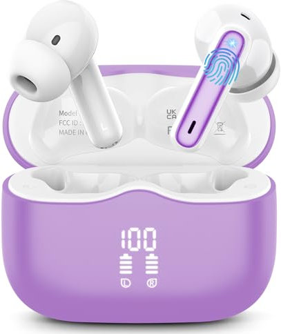 Cuffie Bluetooth 5.4 In Ear, Auricolari Bluetooth HiFi Stereo con 4 Microfoni ENC Cancellazione Rumore, 40 Ore Cuffie Wireless LED, IP7 Impermeabili Cuffiette Sport, Cuffie Senza Fili USB-C, Lilla