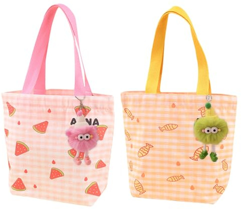 Spldsun 2 stycken vikbara shoppingkassar, liten tygväska med handtag, dubbelsidig kanvasväska, bär alla viktiga moderedskap bekvämt med dig (vattenmelon, fisk)