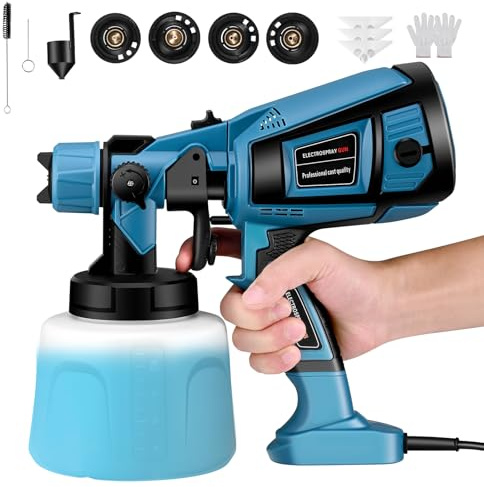 Pistola de Pintura,800W HVLP Pulverizador de Pintura Eléctrico con Recipiente de 1400ml, Flujo Máximo de 1000ml/min,5 Boquillas para la Pulverización y Limpieza del Bricolaje
