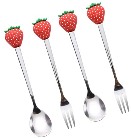 LOORGVEL 4 Stück Edelstahl Besteck Mit Fruchtmotiv Gabel Und Löffel Für Salat Und Dessert Rostfrei Spülmaschinengeeignet Für Familien Und Gäste