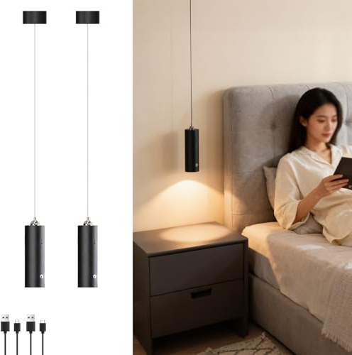 KZT Lot de 2 Suspension LED Pile Chambre Suspension Luminaire 3000K Blanc Chaud Lampadaire Suspend Dimmable Tactile, Rechargeable USB, Hauteur Réglable, pour Table de Chevet Chambre Cuisine, 11 cm