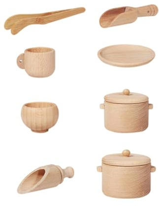Veemoon Ensemble de Jouets Cuisine en Bois 8 Pièces, Mini-Outils Cuisine Sensoriels pour Garçon et Filles, Vaisselle Pratique, Développement Motricité Fine et Jeu D’Imitation