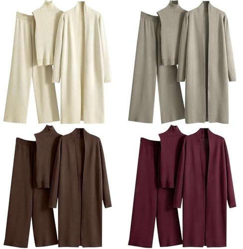 Generico 3 pezzi da donna in maglia lounge abiti lunghi cardigan senza maniche dolcevita canotta e pantaloni a gamba larga elegante ufficio lavoro coordinato set per le signore (F)