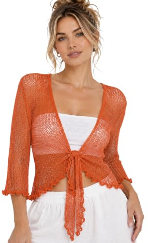 Hamishkane® Women’s Shrugs, Double Fine Knit Bolero Cardigans for Women, 3/4 Sleeve Tie Front Top, Stretchy Cropped Cardigan, Ladies Evening Tops, Lightweight Summer Shrug
