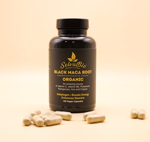 SelvaBio Organic Black Maca Root Capsules 750mg, 100 Vegan Capsules