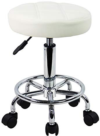 KKTONER Rollhocker Arbeitshocker Barhocker höhenverstellbar 49-64cm drehbar aus Kunstleder Weiß