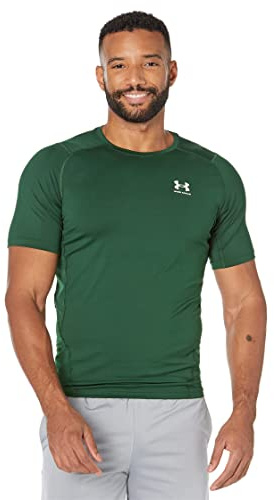Under Armour UA HG Armour Comp SS, kortärmad funktionell skjorta, snabbtorkande t-shirt med kompressionspassform, Skogsgrön (301)/vit, S