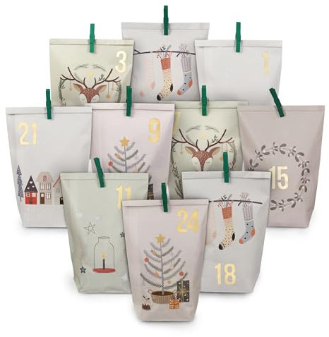 Papierdrachen Extravaganter Adventskalender 2025 zum Befüllen - mit 24 pastellfarbenen Geschenktüten und 24 Zahlenaufklebern - Motiv Hygge - zum Basteln und Verschenken - Weihnachten & Advent