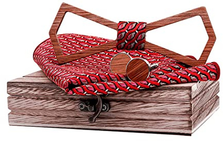 RQPYQF Set di fiocco in legno, papillon da uomo in legno + gemelli e tasche, accessori da uomo per matrimonio, regalo, Stile#14, Taglia Unica