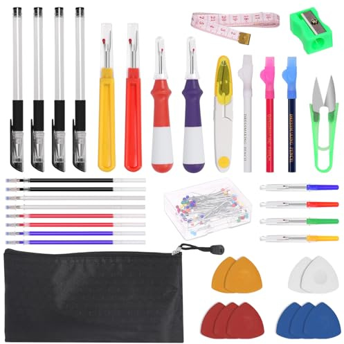 Swpeet 138 pièces kit d'outils de couture, kit de fente avec ciseaux, aiguille à coudre, recharge, porte - stylo, craie de couleur, craie à outils personnalisés, règle et affûteur de crayon