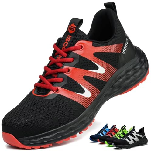 Zapatos de Seguridad para Hombre Mujer Ligero Zapatillas Trabajo Comodo Calzado de Seguridad con Punta de Acero Antideslizantes Rojo 36 EU