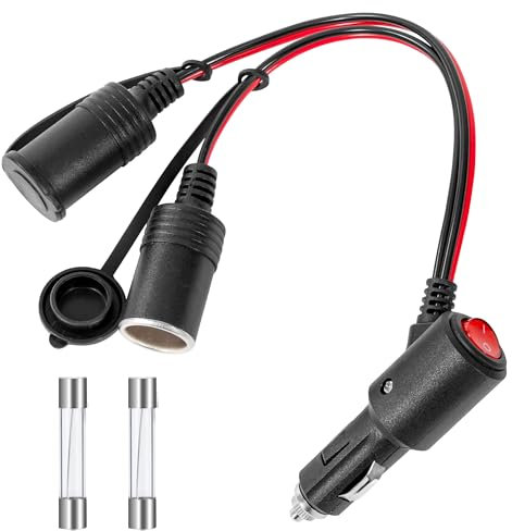 GUNGY 1 a 2 Splitter Spinotto Accendisigari Auto 12V/24V Presa Accendisigari con Interruttore 20cm 20AWG Cavo di Prolunga Accendisigari Auto con Fusibile 15A per Camper Caravan