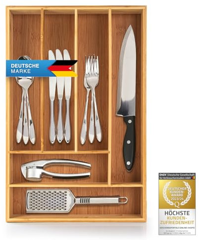 Dimono® Range-couverts en bois de bambou Tiroirs ; 7 à 9 compartiments Système de rangement Organisateur flexible Tiroir extensible pour cuisine, bureau (29 x 45 cm)