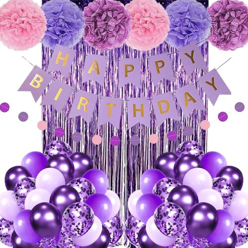 Set de décoration d'anniversaire violet, décoration d'anniversaire pour filles et femmes, bannière Happy Birthday violette, ballons DIY, pompons en papier, paillettes, rideau pour décoration