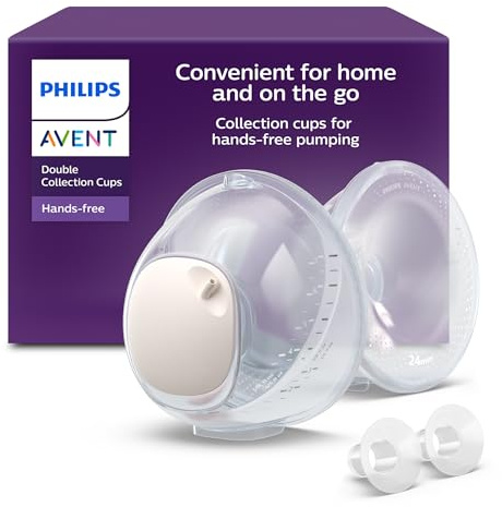 Philips AVENT freihändige Doppel-Auffangbecher, ultraleichte und transparente Auffangbecher für die elektrische Milchpumpe, 4 Brusthauben (2 x 21 mm, 2 x 24 mm), 2 x 19 mm Einsätze, SCF439/01