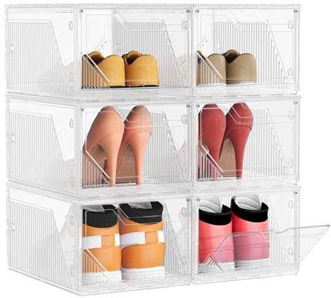 SONGMICS Schuhboxen 6er Set, Schuh-Organizer aus Kunststoff, stapelbar quer und längs, Aufbewahrungsbox mit Magnettverschluss, durchsichtig, für Schuhe bis Größe 46, wolkenweiß LSP806WH01