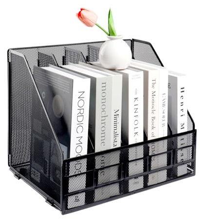 HMXLJJY Mesh Metal A4 Magazine File Holder, Desktop 5 Sections Document Holder Office File Storage Rack for Desk Tidy, Paper Organiser Filing Rack,5 Compartments,(Black)