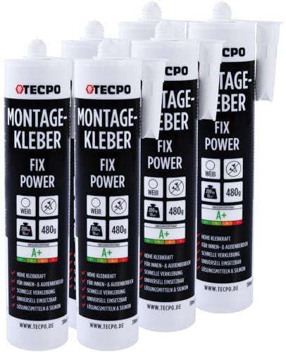 TECPO Montagekleber Fix Power, 6X 480g Universal Baukleber Kartuschen Kraftkleber 200kg 10 cm² für Akustikpaneele, Styropor, Sockelleite Innen und Außen schnelle Verklebung ohne Grundierung