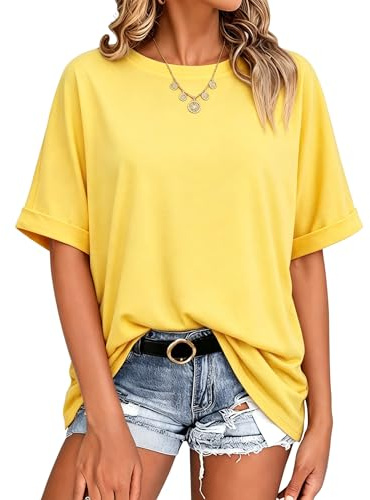 Terecey Tee Shirt Femme Oversize Col Rond Manches Courtes Haut Ample | Tissu doux, respirant et extensible, style uni basique pour été, mi-saison, vacances et sorties décontractées