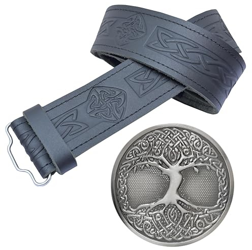 Celtic Tree of Life Kilt Belt & Buckle Set - Antique Silver Buckle, Scottish Celtic Diamond-Embossed Black Leather Belt for Men, 2.25 Wide, Adjustable