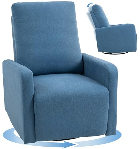 HOMCOM Poltrona Relax Reclinabile Manuale Seduta Ampia 76x94x100 cm Blu | Con Poggiapiedi, Poltroncina Imbottita Girevole, Funzione Dondolo, in Tessuto Effetto Lino, per Soggiorno e Salotto