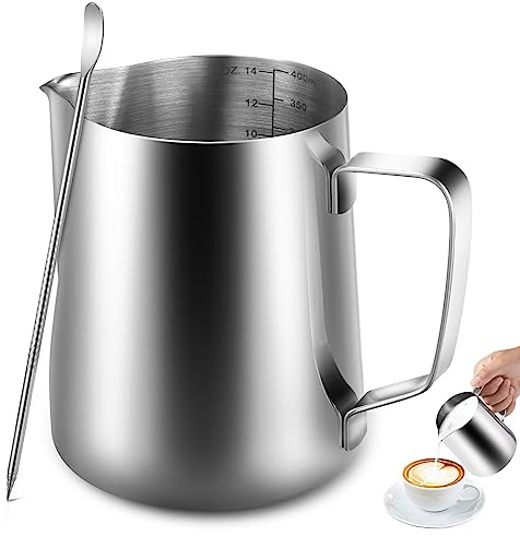 Anpro Milk Jug 400 ml/14 oz,304 Stainless Steel Milk Pitcher,Milk Frothing Jug for Making Coffee Cappuccino