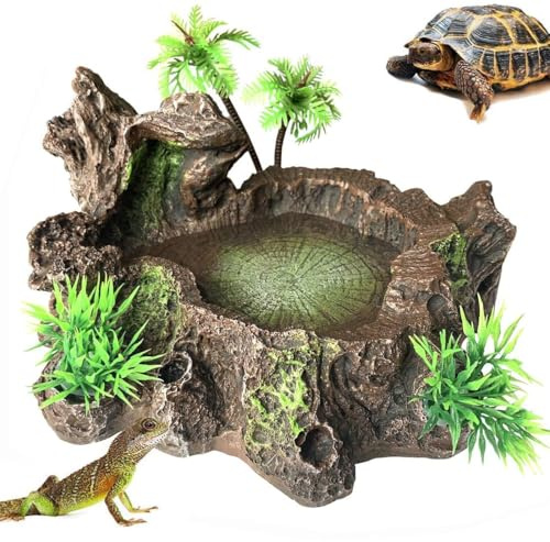 PINVNBY Reptile Water Dish, Bearded Dragon Water Bowl, Resin Reptile Platform with Artificial Plants Food Water Dish Bowl for Bearded Dragon, Crested Gecko, Hermit Crab, Snake (Smooth)