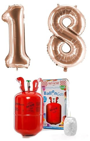 PARTY FACTORY Helium Set 18 mit XXL Zahlenballons, Ballongas und Ballonschnur - für Geburtstag, Jubiläum, Jahrestag; Gold, Silber, Schwarz, Pink, Rosa, Rosagold, Bunt (Roségold)