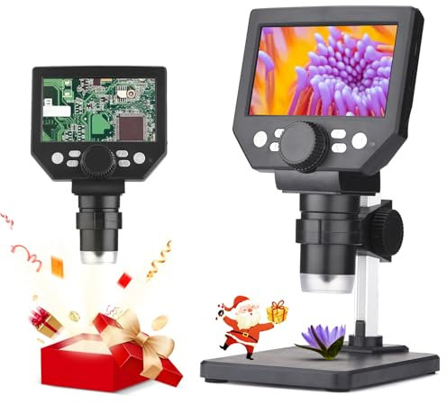 Hlieeosfcn Mikroskop Digital mit 8 LED-Leuchten 4.3-Zoll 2600mAh Akku, USB Microscope Unterstützt 64 GB Speicherkarte, 1080P 1000X HD 16 Sprachen, Digitalmikroskop für Kinder Erwachsene Schullabor