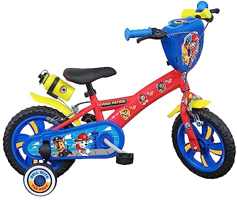 Vélo 12'' Pat Patrouille équipé de 2 Freins, Plaque Avant décorative, Garde boues, Carter et stabilisateurs, Rouge identique aux Photos
