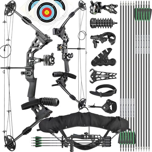 ZSHJGJR Bogenschießen Compoundbogen Set Kit, 20-70lbs Einstellbarer 320fps Compound Bogen Erwachsener Einsteiger Profi Bogen Jagd jagdbogen sportbogen Rechtshand Linkshand (Rechtshand,Schwarz-Set1)