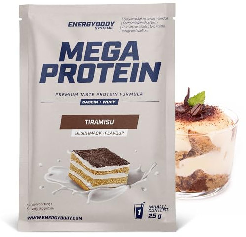 Energybody® Mega Protein Pulver Probierpaket „Tiramisu“ - 1x25g - Mehrkomponenten Protein mit Casein Whey Mix als Eiweiss Protein Pulver/Proteinpulver Probierpackung